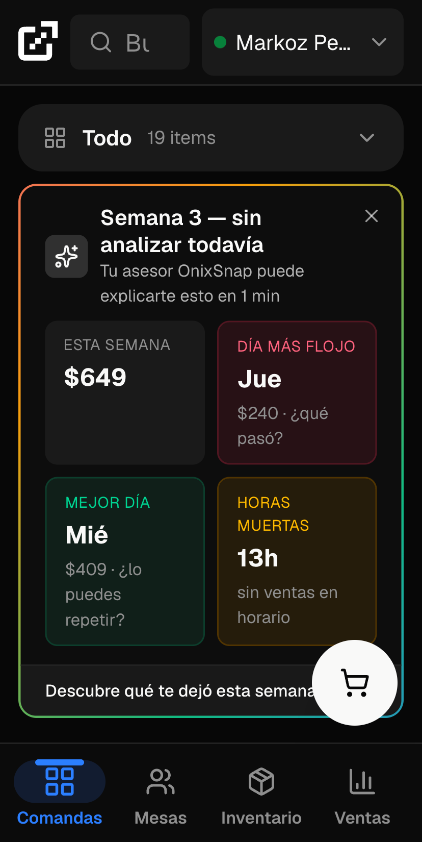 Vista móvil de OnixSnap con comandas, análisis semanal y productos del restaurante
